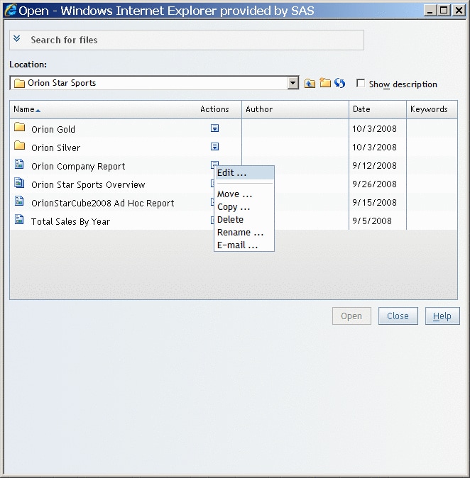 Actions Menu for Reports in the Open Dialog Box