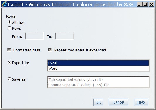 Export dialog box for crosstabulation tables with the export to Excel option selected