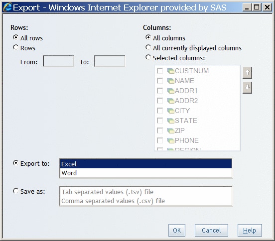 Export dialog box for list tables with the export to Excel option selected
