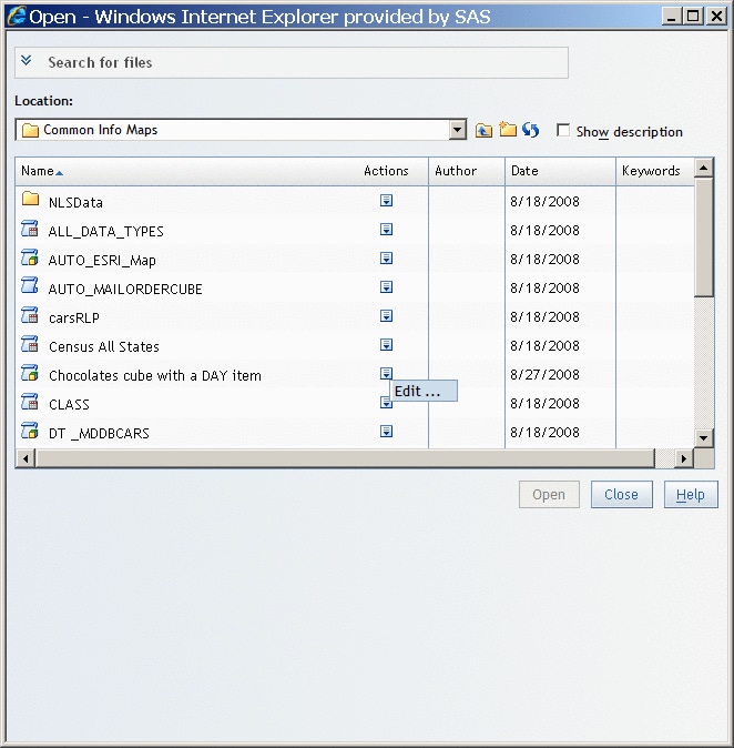 Actions Menu for Information Maps in the Open Dialog Box