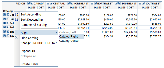 Example Menu Selection for Aligning Column Values