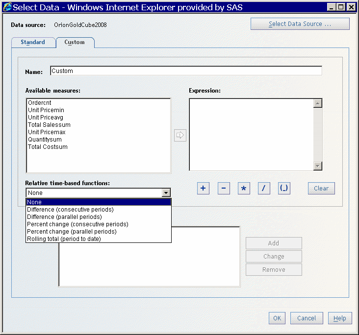 Relative Time-Based Functions Drop-Down List in the Select Data Dialog Box