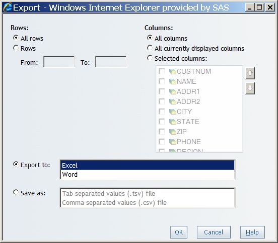 Export dialog box for list tables with the export to Microsoft Excel option selected
