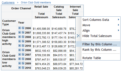 A Crosstabulation Table with the Filter by this Column and Rank by this Column Options