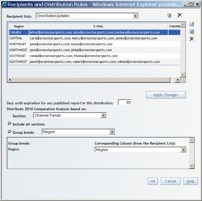 Recipients and Distribution Rules Dialog Box with Group Break Selected