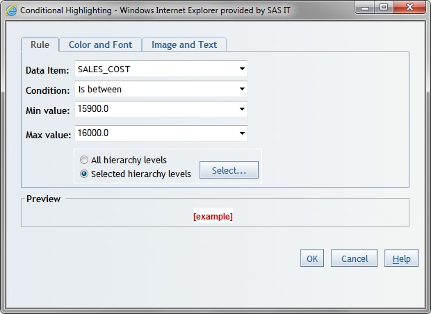 Conditional Highlighting Dialog Box with the Selected Hierarchy Levels Option Selected