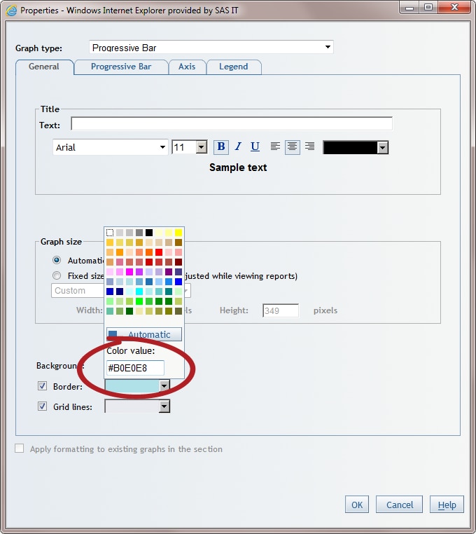 A Custom Color Specified in the Properties Dialog Box for a Progressive Bar Chart