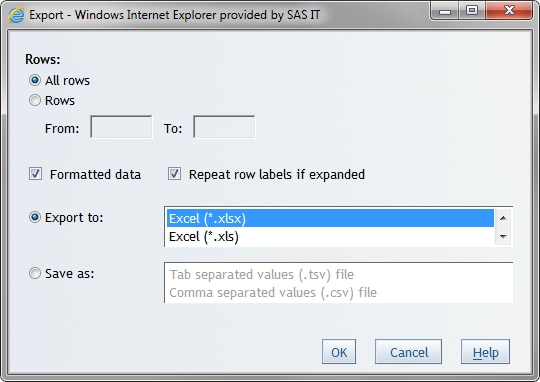 Export dialog box for crosstabulation tables with the export to Microsoft Excel option selected
