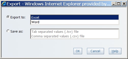 Export dialog box for graphs with the export to Microsoft Excel option selected