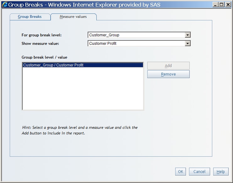 Measure Values Tab in the Group Breaks Dialog Box