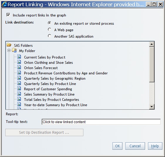 Report Linking Dialog Box for a Link to an Existing Report
