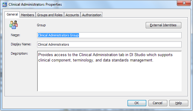 Clinical Administrators Properties dialog box