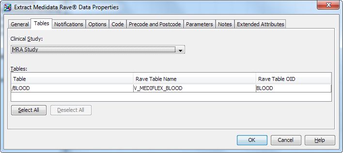 Extract Medidata Rave Data Properties dialog box — Tables tab