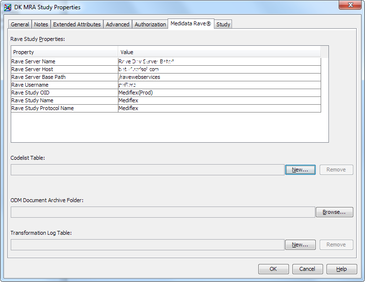 Properties dialog box — Medidata Rave tab