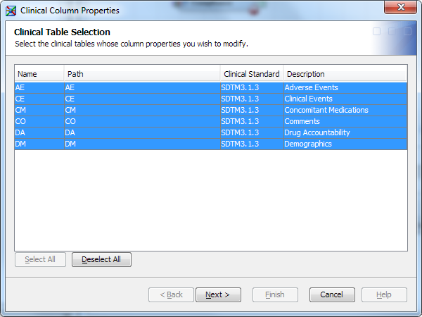 Clinical Column Properties wizard