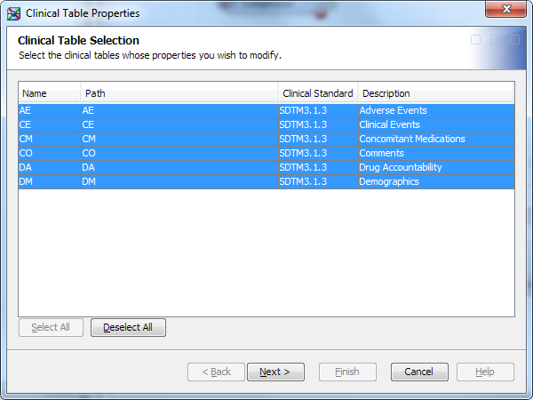 Clinical Table Properties wizard