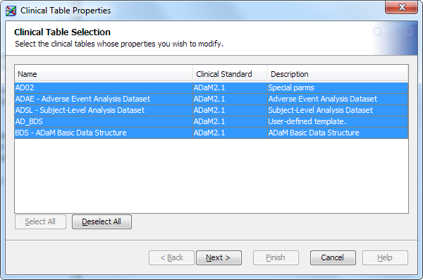 Clinical Table Properties wizard