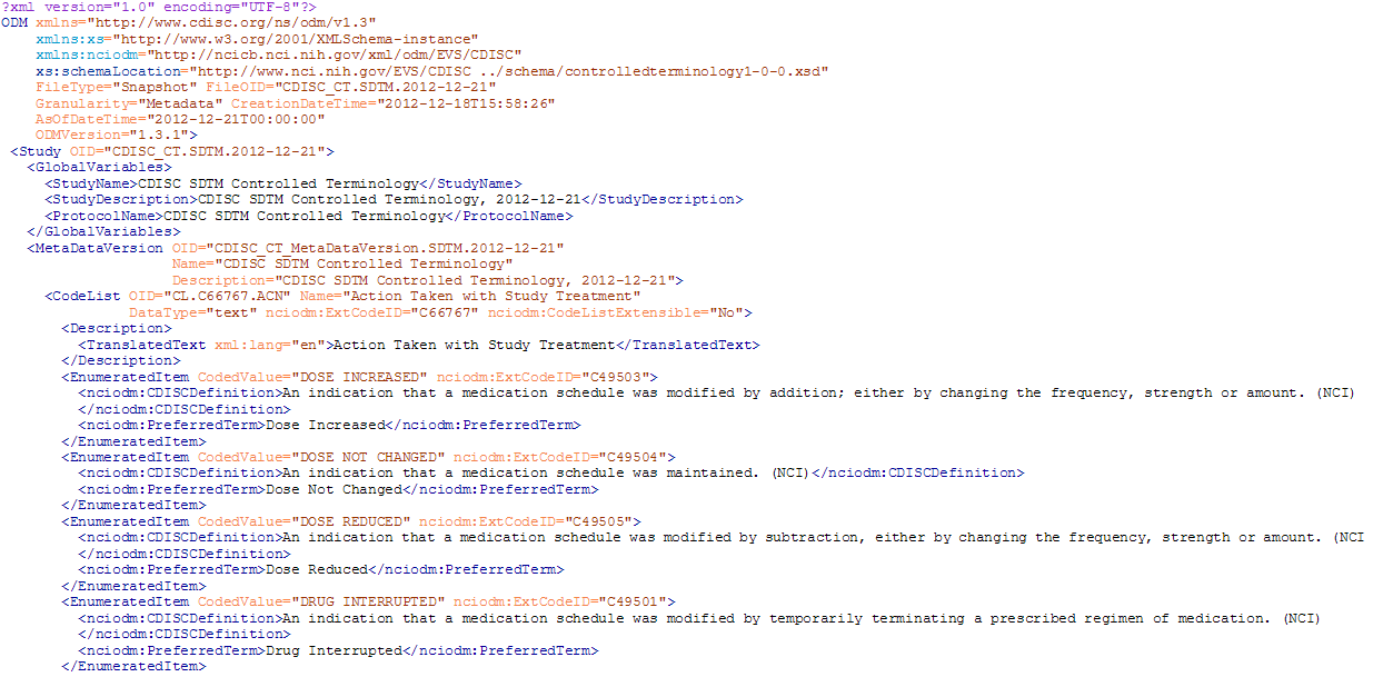 Partial Listing of a Sample ODM Controlled Terminology XML File