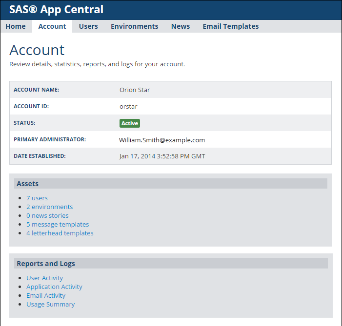 Account tab in SAS App Central