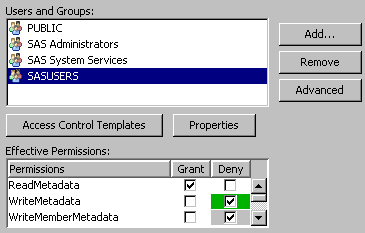 Authorization tab in SAS Management Console