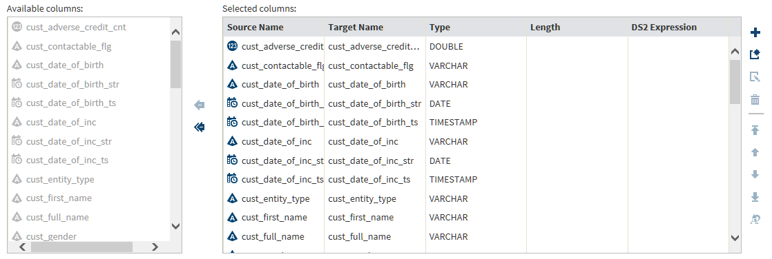 Column lists in the Manage Columns task