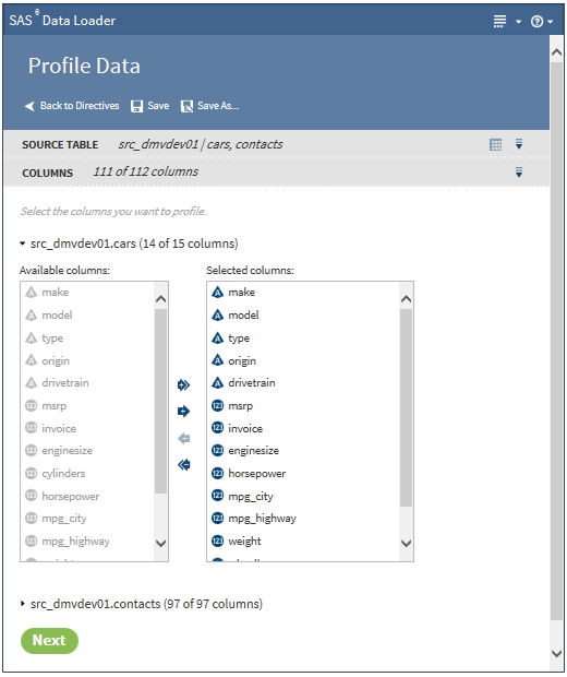 select columns from source tables for the profile report