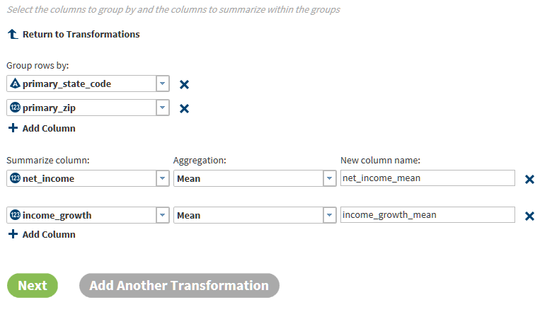 Completed Summarize Rows Transformation