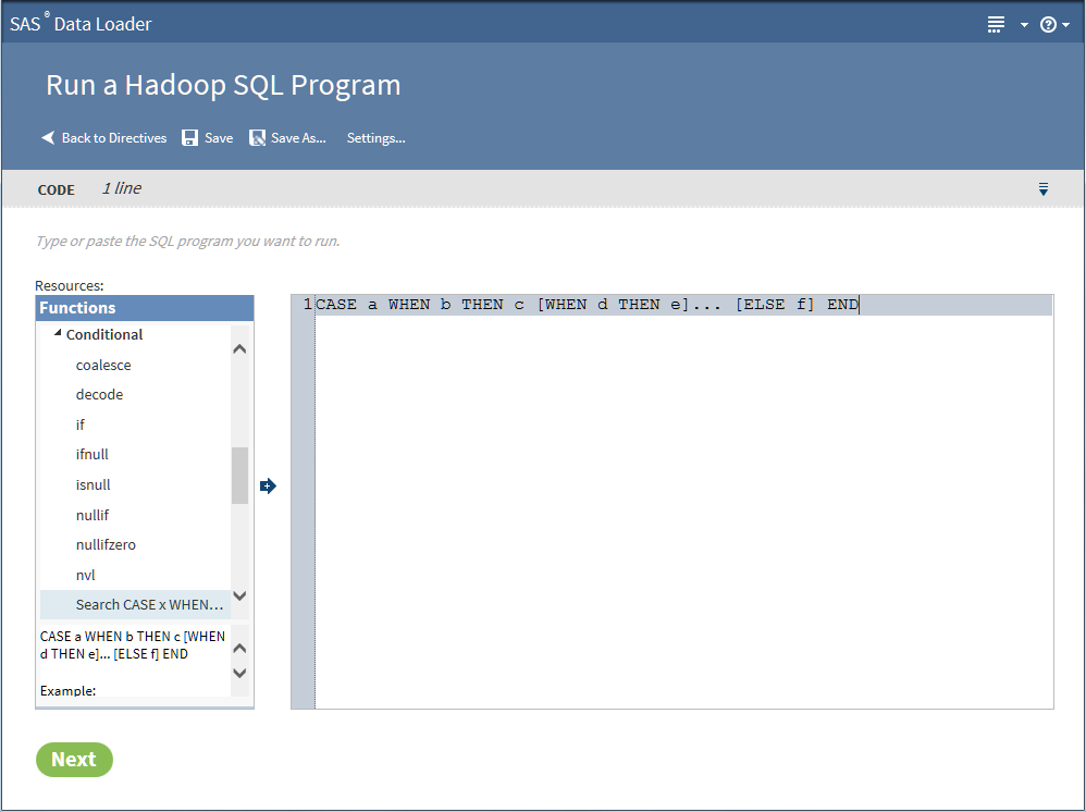 Run a Hadoop SQL Program Resources Box and Function Selection