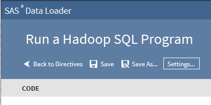 Settings Button in the directive Run a Hadoop SQL Program