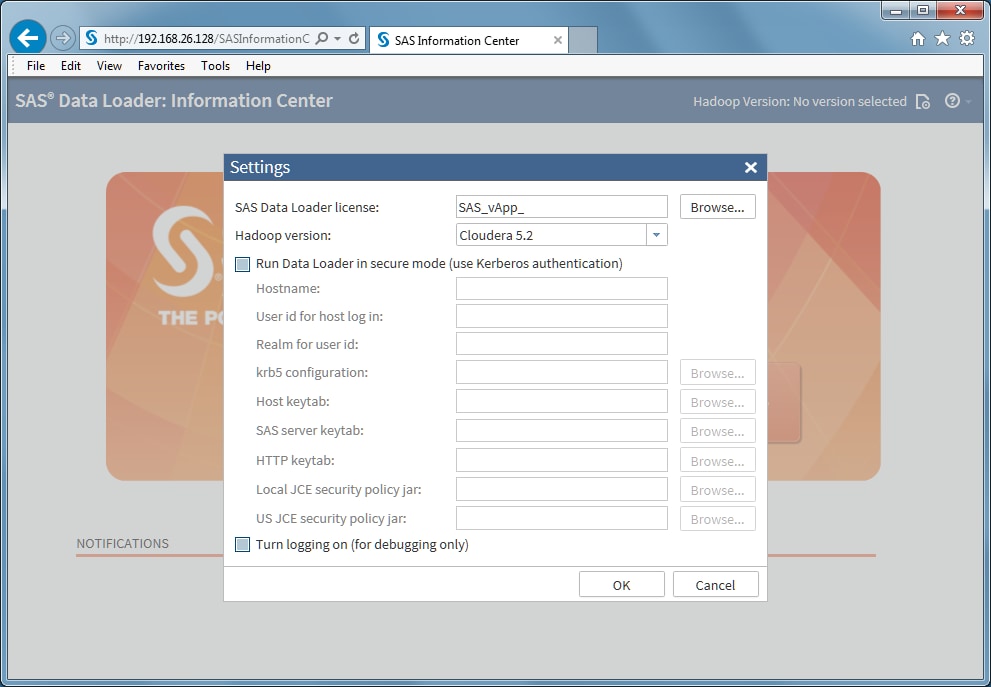 Settings window in SAS Data Loader: Information Center