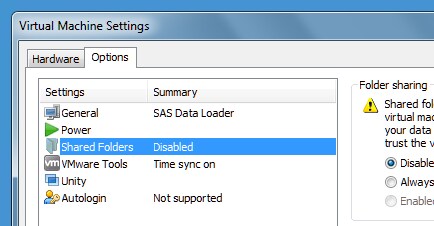 Shared Folders option in Virtual Machine Settings
