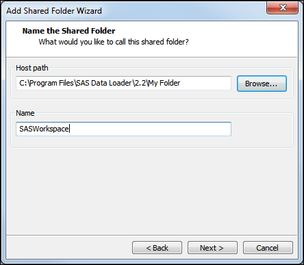SASWorkspace in the Name field of the Name the Shared Folder page