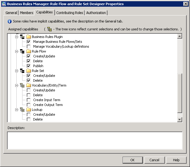 SAS Management Console showing the roles and capabilities for SAS Business Rules Manager