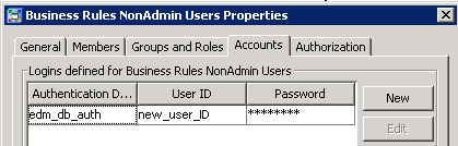 Properties dialog for the Business Rules NonAdmin Users group in SAS Management Console. The Accounts tab is selected and shows a login for the new runtime user for the edm_db_auth domain.