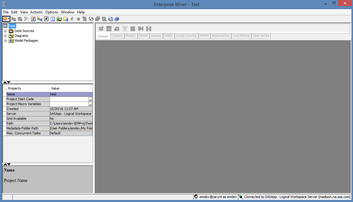 SAS Enterprise Miner Project Panel and Properties Panel