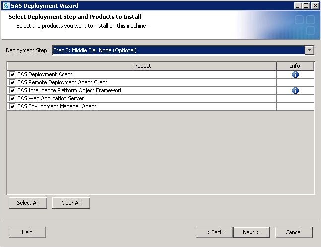 Select Deployment Step and Products to Install window