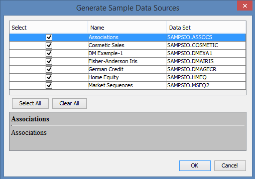Generate Sample Data Sources window
