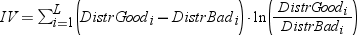 IV = sum from i=1 to L of (DistrGood_i — DistrBad_i)*ln(DistrGood_i/DistrBad_i)