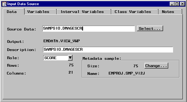 [Data tab of Input Data Source window showing Source Data SAMPSIO.DMAGESCR source dat and SCORE Role.]