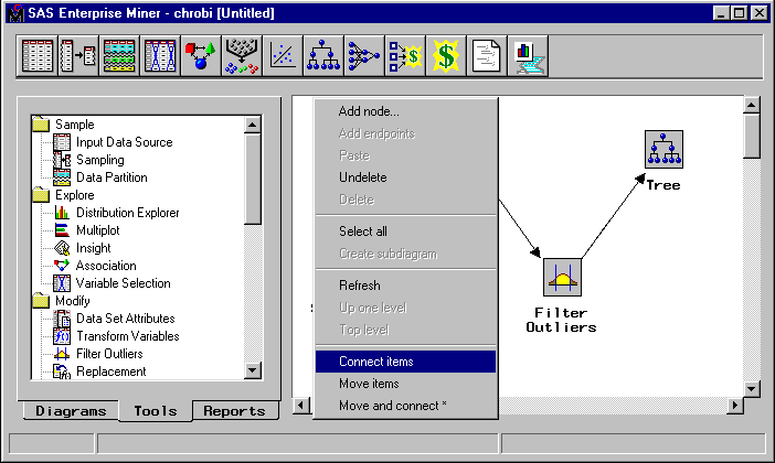 [Enterprise Miner window showing nodes being connected in the Diagram Workspace.]