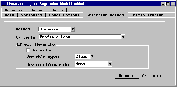 [Selection Method tab of the Linear and Logistic Regression: Model Untitled window showing Stepwise Method, Profit/Loss Criteria, and Effect Hierarch Variable type is Class.]