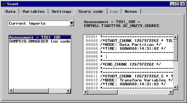 [Score code tab of the Score! window showing Assessment score code selected with score code visible in view panel on right.]