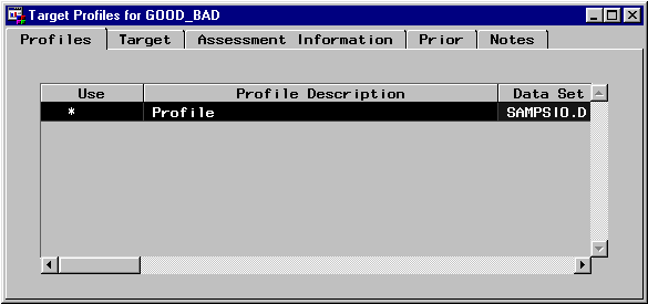 [Profiles tab of the Target Profiles for GOOD_BAD window showing the profile associated with the SAMPSIO.DMAGECR dataset.]