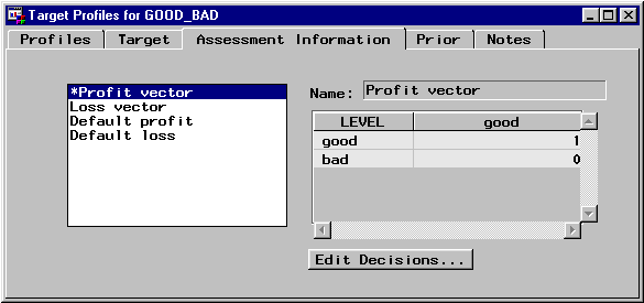 [Assessment Information tab of the Target Profiles for GOOD_BAD window showing levels for Profit vector]