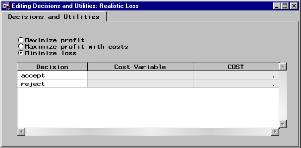 [Decisions and Utilities tab of the Editing Decisions and Utilites: Realistic Loss window configured to Minimize loss.]