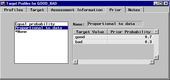 [The Prior tab of the Target Profiles for GOOD_BAD window showing the Proportional to Data vector choice selected.]