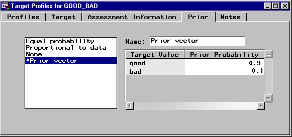 [Prior tab of the Target Profiles for GOOD_BAD window showing Prior vector matrix with user-input Prior Probability matrix.]