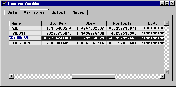 [Variables tab of Transform Variables configuration window showing logarithmic values associated with newly created variable AMOU_ONV.]