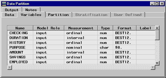 [Variables tab of the Data Partition node with tabular variable listing]