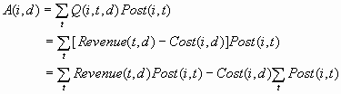 A(i,d) = Sum(i)Q(i,t,d)Post(i,t) = Sum(i)[Revenue(t,d) – Cost(i,d)]Post(i,t) = Sum(i)Revenue(t,d)Post(i,t) – Cost(i,d)Sum(t)Post(i,t)